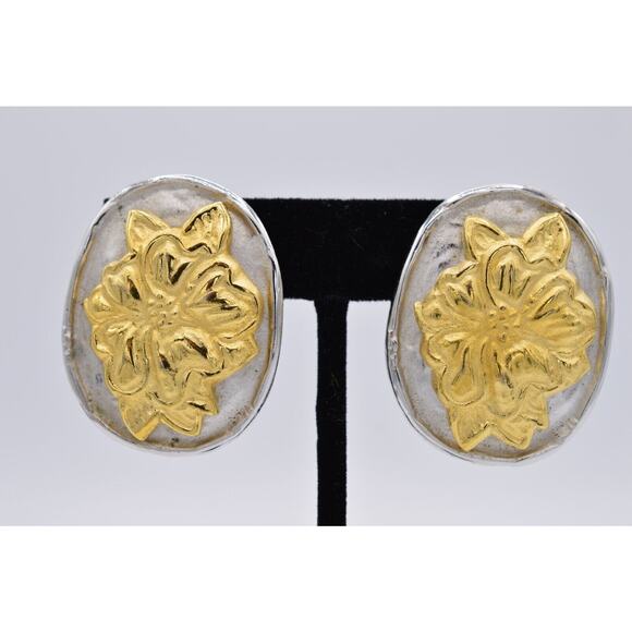 Givenchy Vintage Clip On Earrings Brushed Gold Silver Flower Chunky Signed BinH - Picture 1 of 12